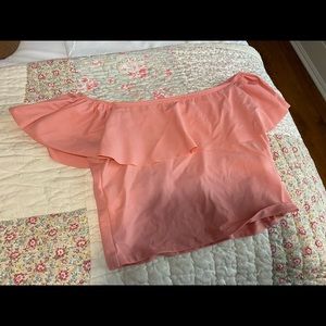 small Kortni Jean off the shoulder swim top—coral/light pink